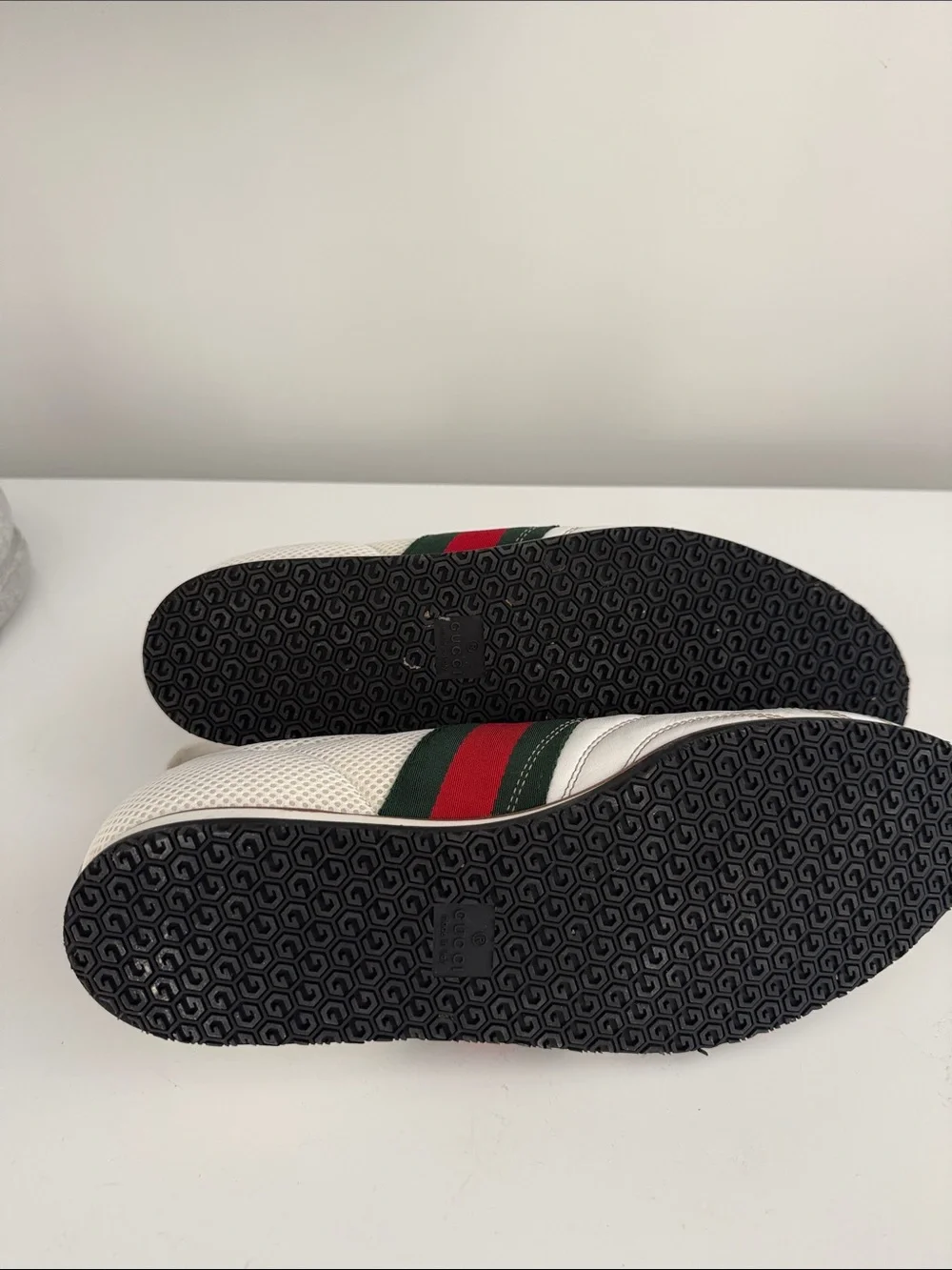 Men’s Gucci White Leather Sneakers with Red and Green Web Stripe Accent